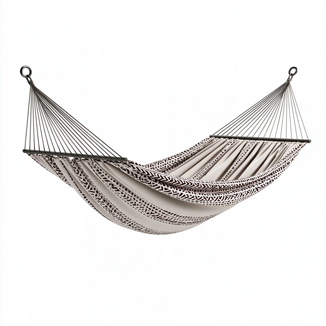 Amaca 300 x 140 cm in tessuto beige e nero con barre distanziatrici per giardino