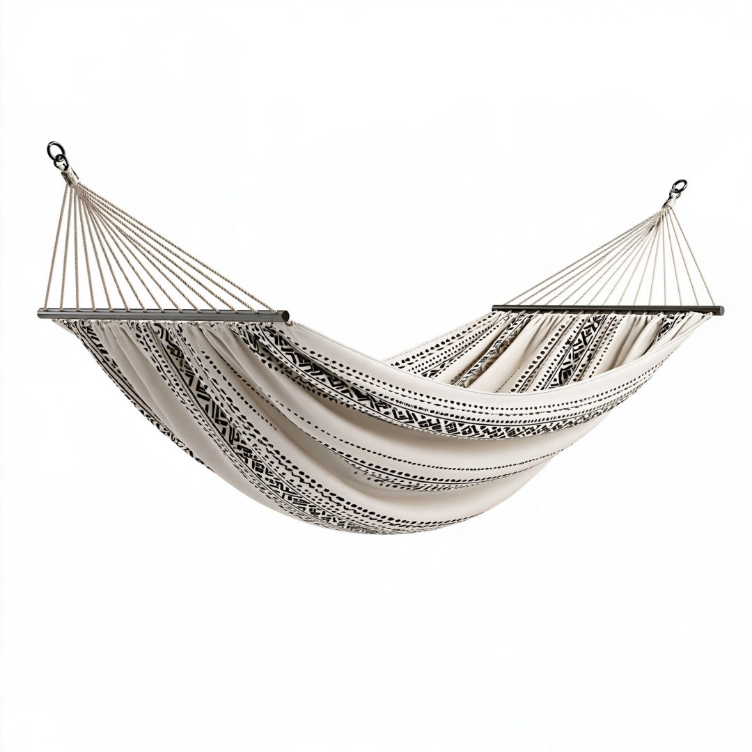 Amaca 300 x 80 cm in tessuto beige e nero con barre distanziatrici stile boho da giardino