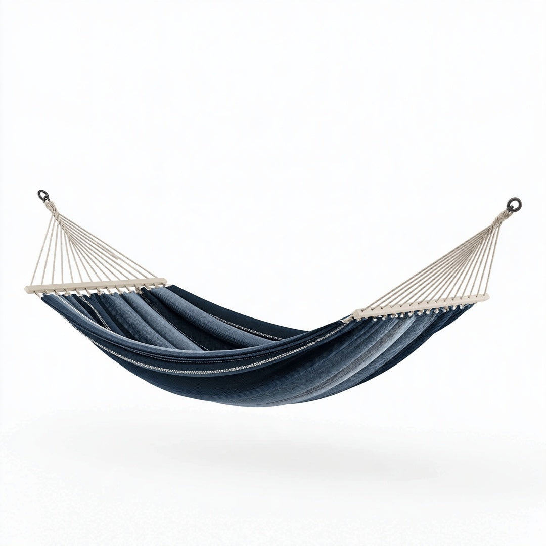 Amaca 300 cm x 100 cm in tessuto blu con barre distanziatrici per giardino