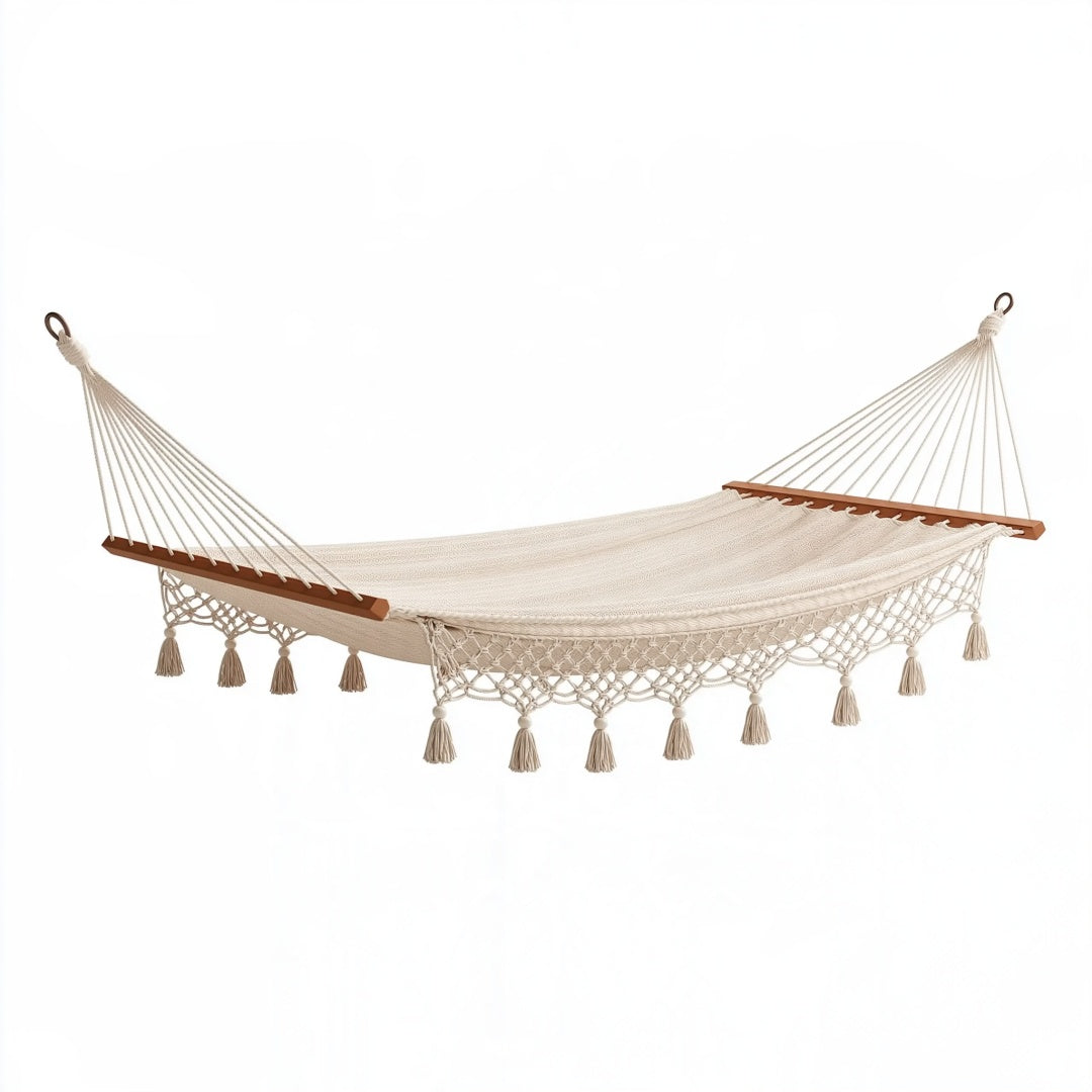 Amaca 300 x 100 cm in cotone beige con barre in legno stile boho