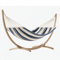 Amaca con supporto 300 x 110 x 120 cm in tessuto blu e bianco con struttura in legno per esterno