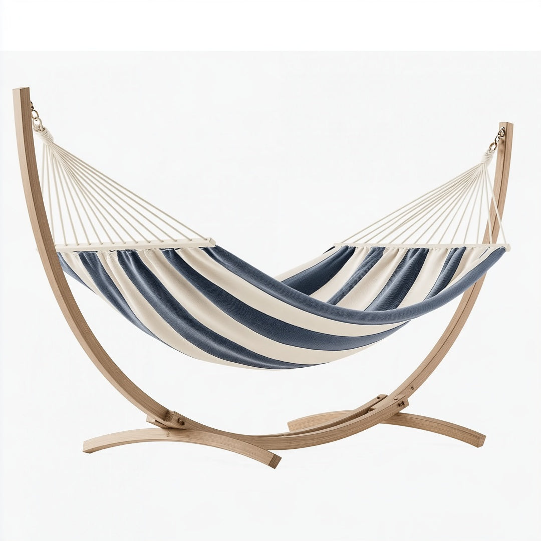 Amaca con supporto 300 x 110 x 120 cm in tessuto blu e bianco con struttura in legno per esterno