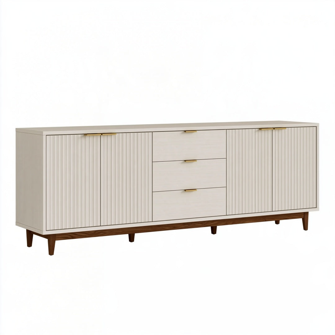 Credenza 200 x 45 x 80 cm in legno bianco e noce - mobile contenitore moderno con 3 cassetti e 4 ante