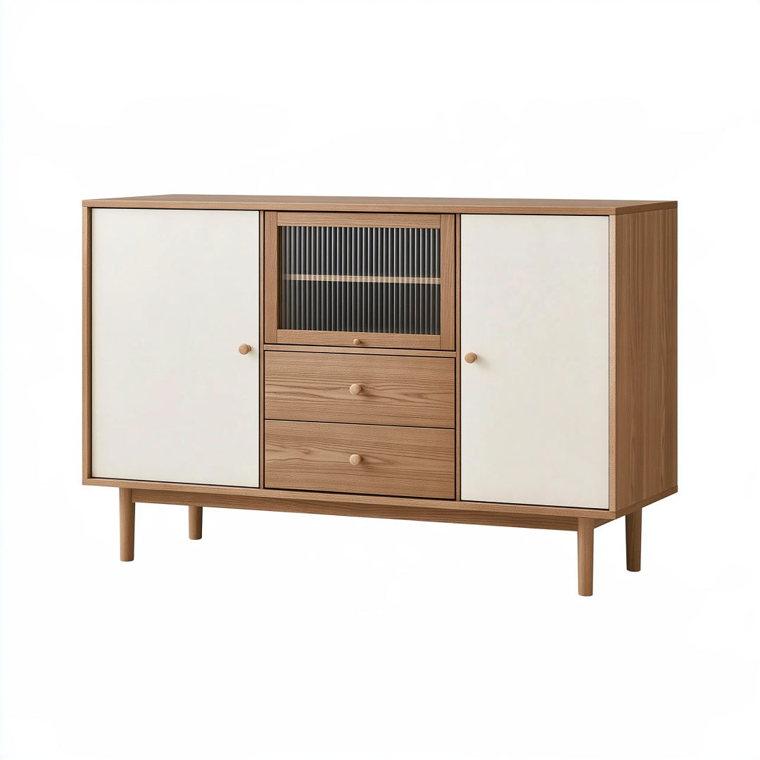 Credenza 160 x 40 x 90 cm in legno rovere e bianco con ante e cassetti stile nordico