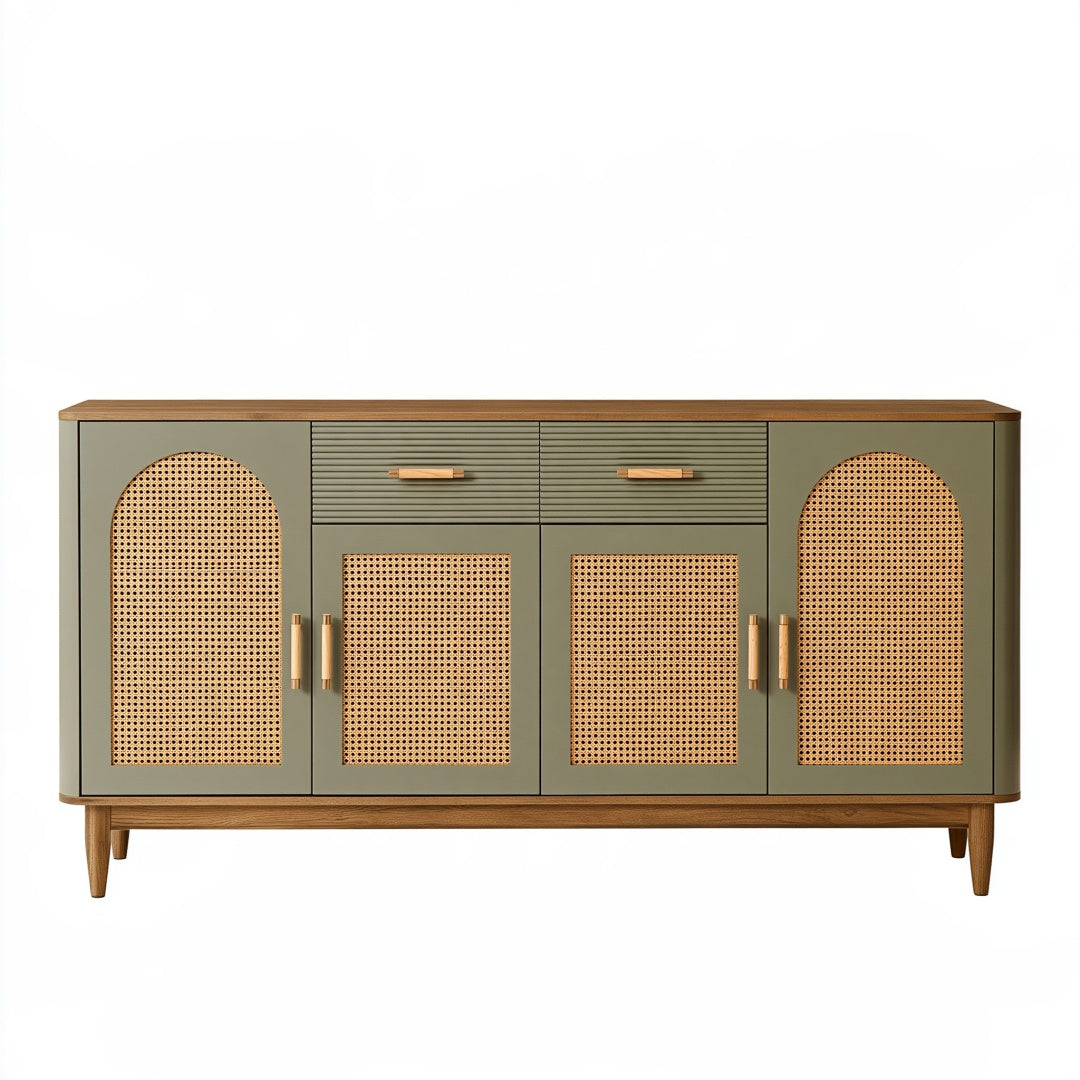 Credenza 180 cm verde oliva e legno con ante in rattan - mobile contenitore retrò