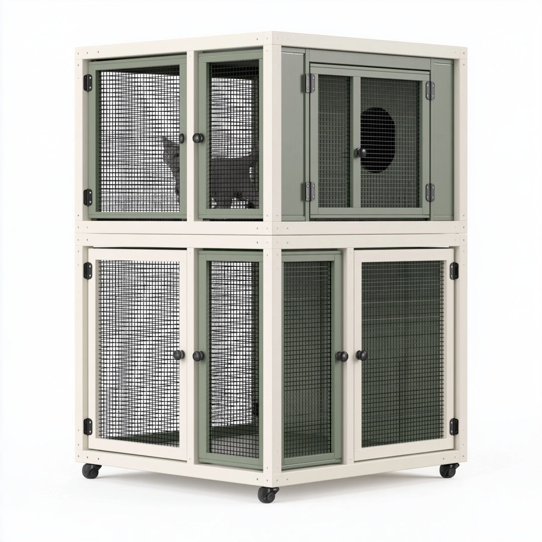 Gabbia per gatti 120 x 60 x 120 cm in legno e rete metallica verde salvia con ruote