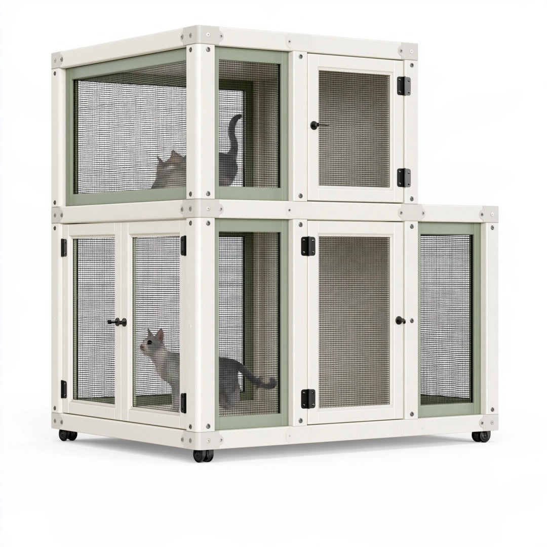Recinto modulare per gatti 180 cm x 90 cm x 180 cm in legno e rete metallica bianco verde salvia con ruote
