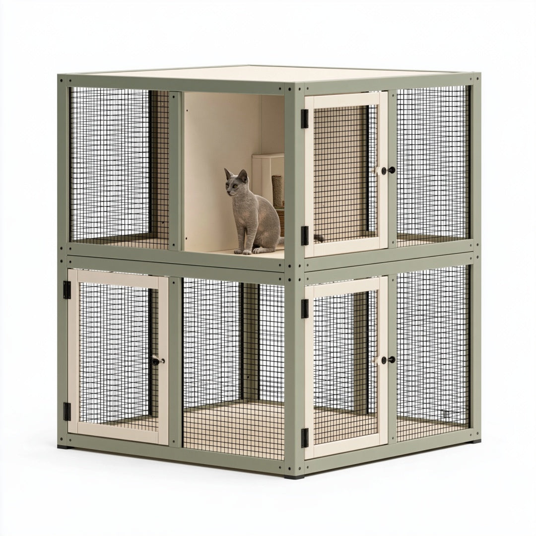 Gabbia per gatti a due livelli 120 x 60 x 120 cm in metallo verde salvia con rete - struttura modulare da interno
