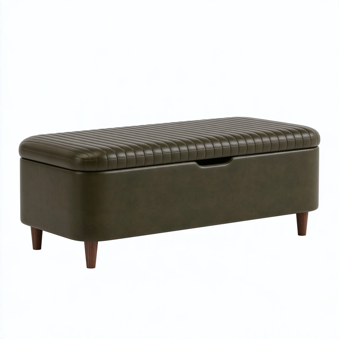 Panca contenitore 120 cm in similpelle verde oliva con gambe in legno - seduta imbottita moderna