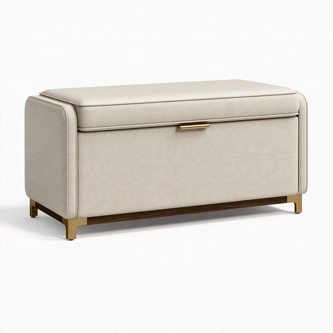 Panca contenitore 110 x 45 x 55 cm in tessuto beige con base in legno e metallo - stile moderno per ingresso