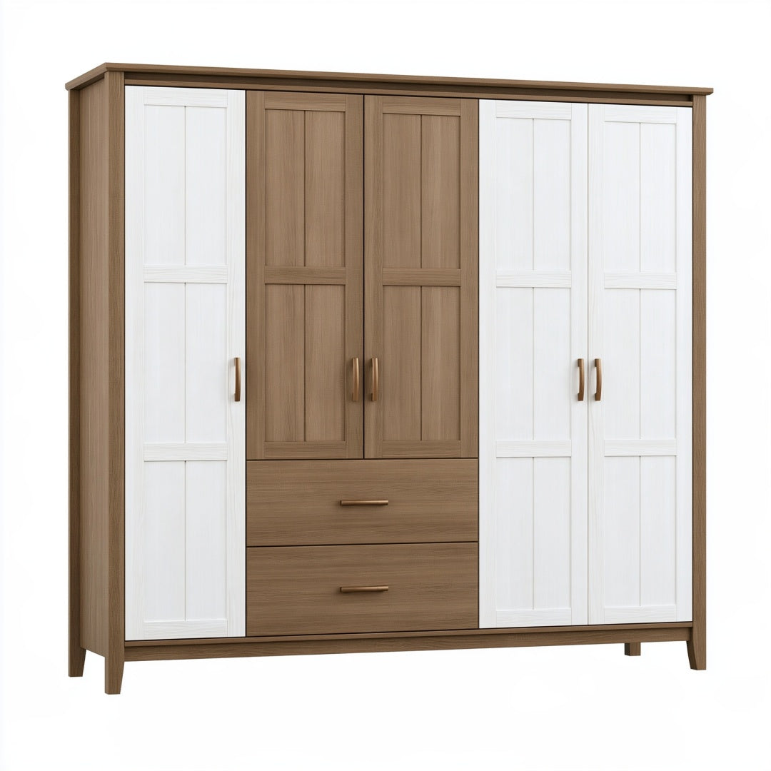 Armadio 200 x 60 x 200 cm in legno marrone/bianco con 6 ante e 2 cassetti stile moderno