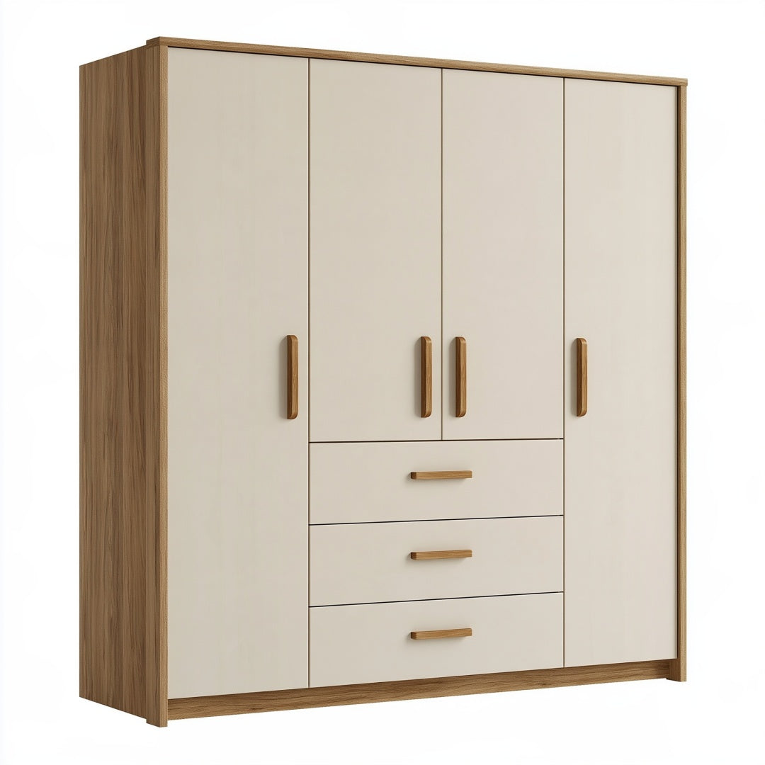 Armadio 160 x 60 x 200 cm in legno ingegnerizzato beige e rovere con 4 ante e 3 cassetti