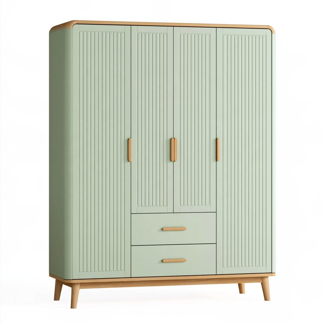 Armadio 160 x 55 x 190 cm in legno verde salvia con 4 ante e 2 cassetti stile nordico