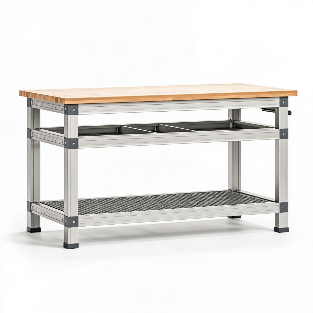 Banco da lavoro 120 x 60 x 90 cm in legno e metallo naturale argento con ripiano inferiore stile industriale