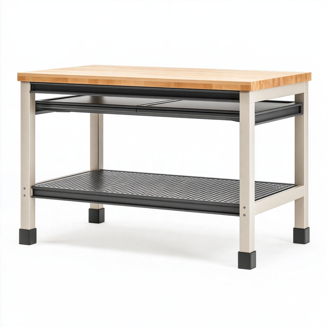 Tavolo da lavoro 120x60x90 cm con piano in legno e struttura in metallo beige