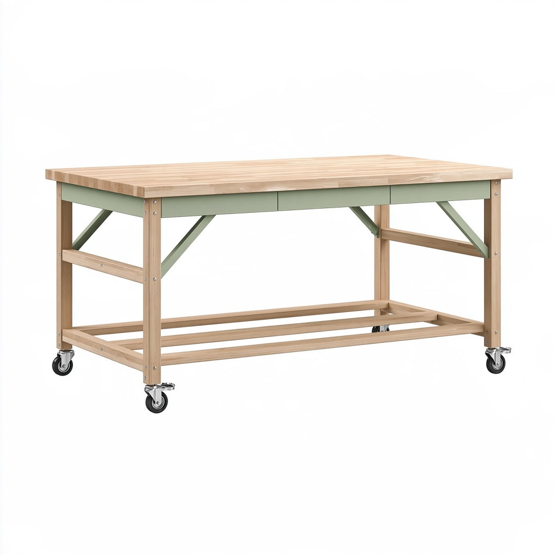 Banco da lavoro 160 x 80 x 90 cm in legno naturale e verde con cassetti e ruote