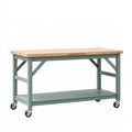 Banco da lavoro con ruote 150 x 70 x 90 cm in legno e metallo verde salvia con ripiano inferiore