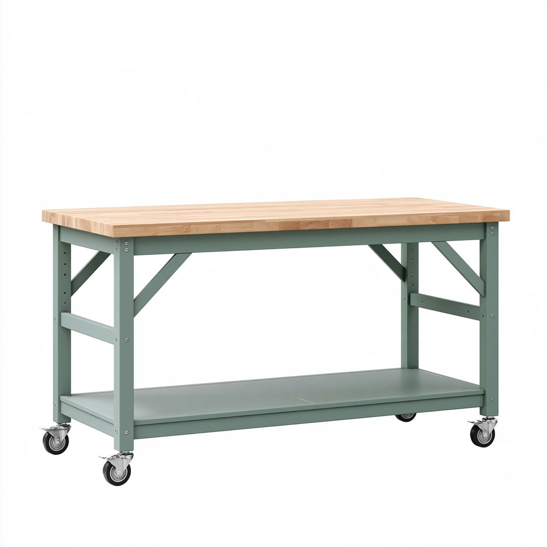 Banco da lavoro con ruote 150 x 70 x 90 cm in legno e metallo verde salvia con ripiano inferiore