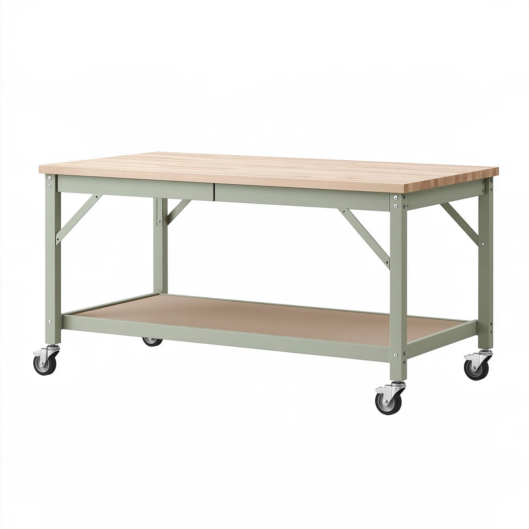Banco da lavoro mobile 120 x 60 x 90 cm in legno e metallo verde con ripiano inferiore