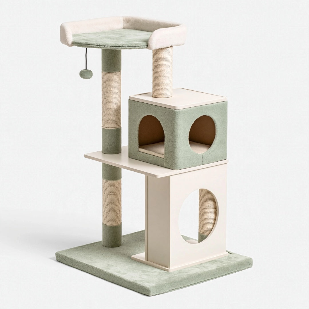 Tiragraffi per gatti 60 x 50 x 120 cm in legno tessuto e sisal verde salvia con cuccia e piattaforme