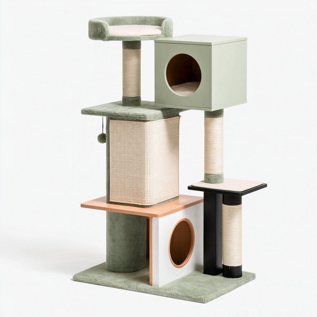 Albero tiragraffi per gatti 60 x 60 x 150 cm in legno e sisal verde salvia con cucce e piattaforme