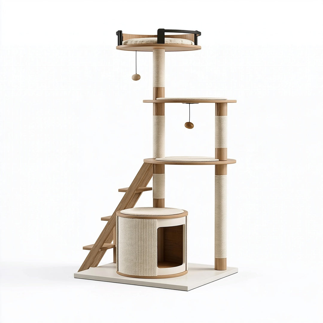 Tiragraffi per gatti 60 x 60 x 180 cm in legno beige con colonne in sisal e cuccia