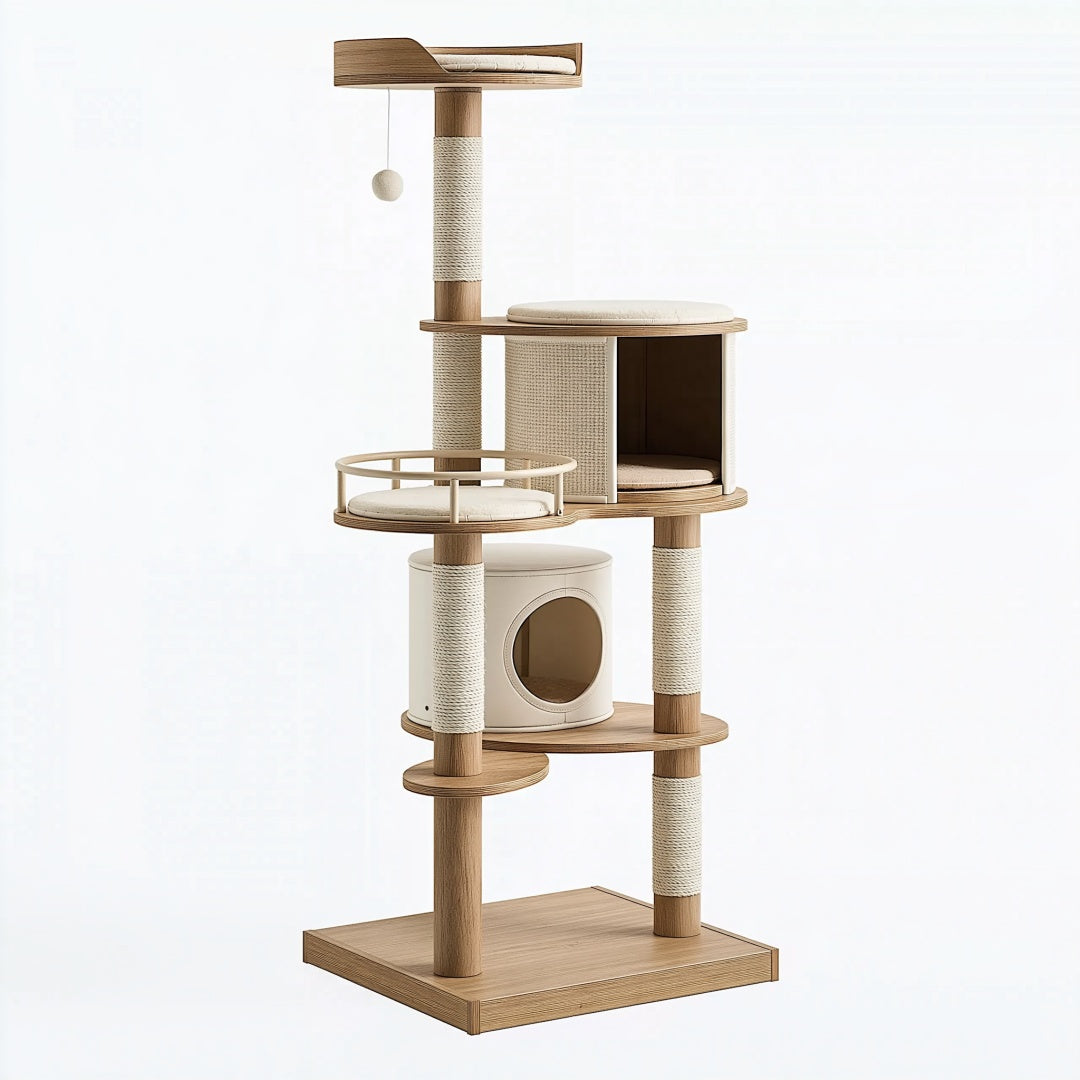 Albero tiragraffi per gatti 60 x 60 x 170 cm in legno beige con sisal e cucce