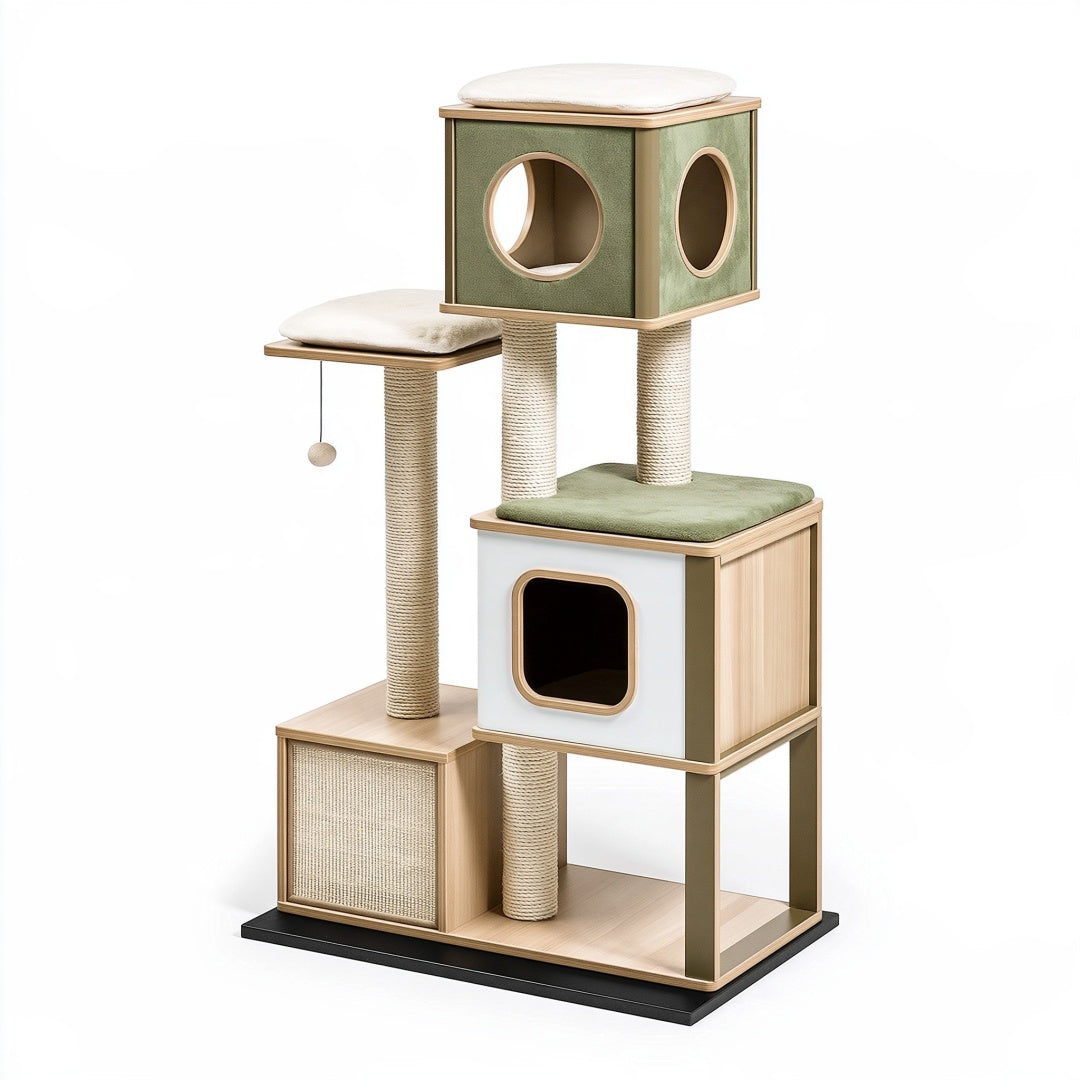 Albero tiragraffi per gatti 60 x 50 x 150 cm in legno verde con cucce e colonne in sisal