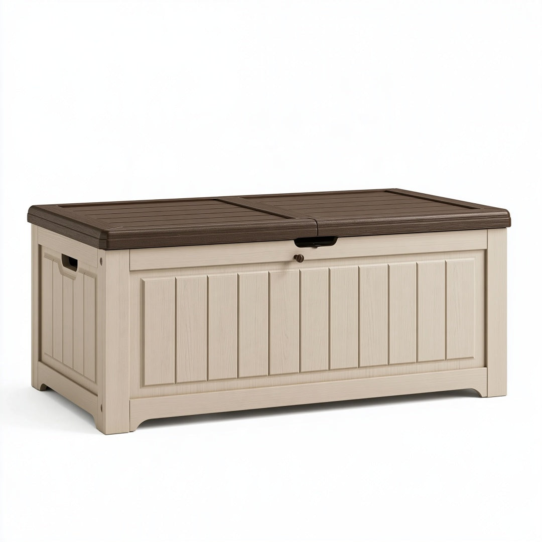 Baule contenitore 120 x 55 x 60 cm in resina beige e marrone per esterno con coperchio apribile