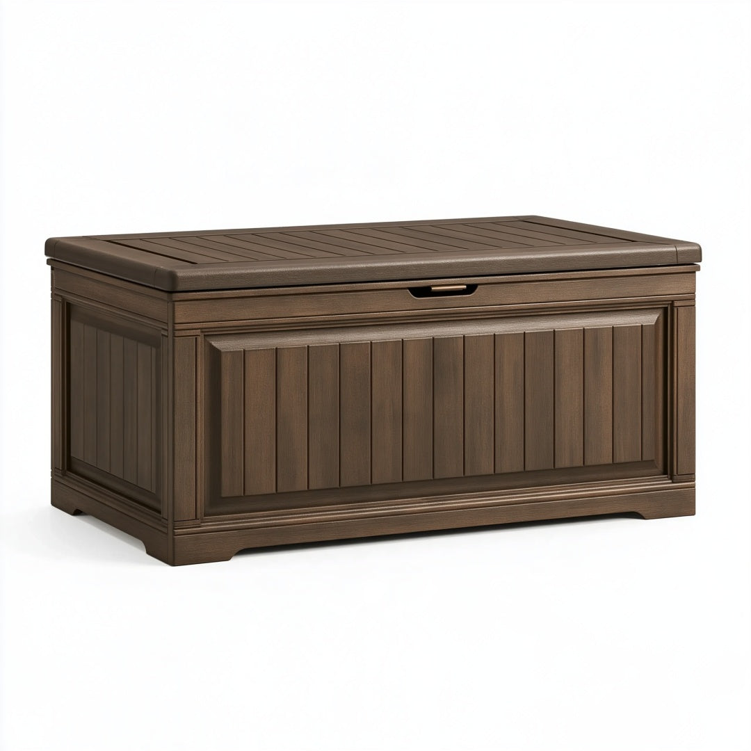 Cassapanca contenitore 120 x 55 x 60 cm in resina marrone effetto legno - stile classico per esterno