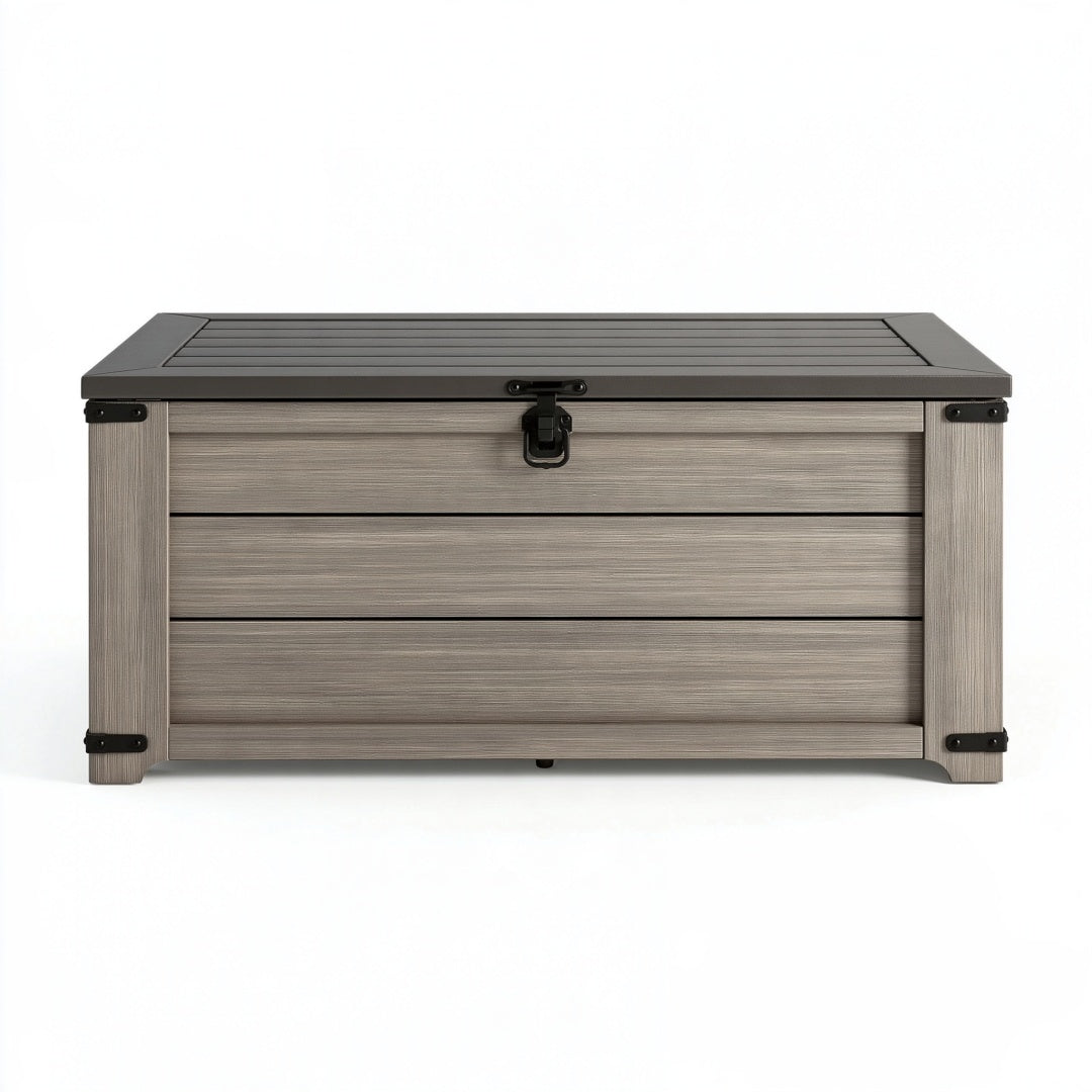 Cassapanca contenitore da esterno 120 x 60 x 65 cm in resina grigio effetto legno con coperchio
