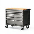 Carrello portautensili 100 x 50 x 95 cm in acciaio nero e grigio con piano in legno e 8 cassetti