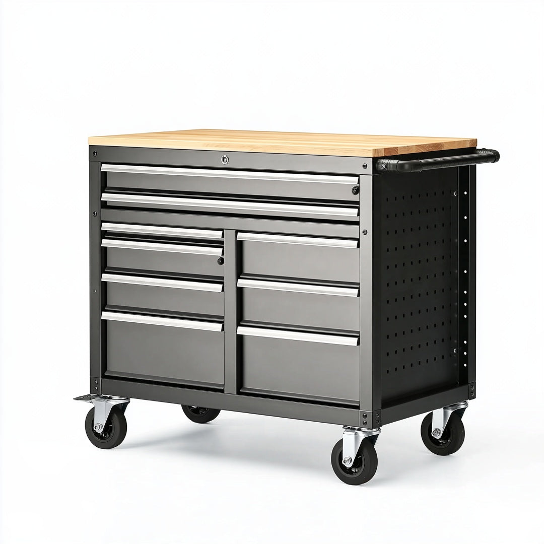 Carrello portautensili 100 x 50 x 95 cm in acciaio nero e grigio con piano in legno e 8 cassetti