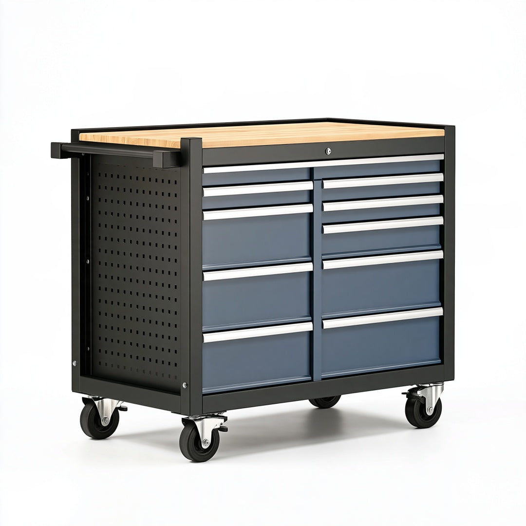Carrello portautensili 110 x 48 x 95 cm in acciaio nero e grigio con piano in legno e 8 cassetti