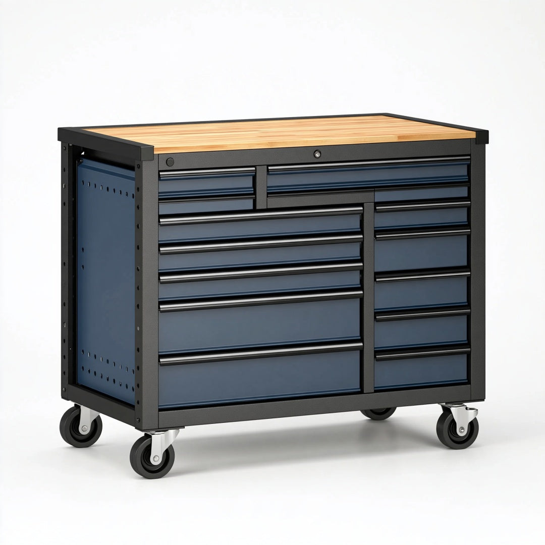 Carrello portautensili 110 x 48 x 95 cm in acciaio blu nero con piano in legno e ruote