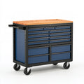 Carrello portautensili 100 x 50 x 95 cm in acciaio blu e nero con piano in legno - mobile da officina con cassetti