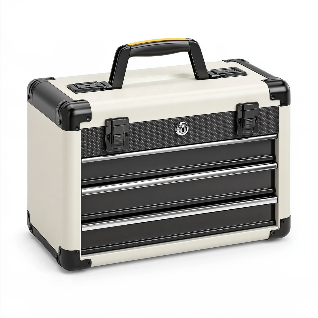 Cassetta portautensili 45 x 25 x 35 cm in alluminio bianco e nero con 3 cassetti