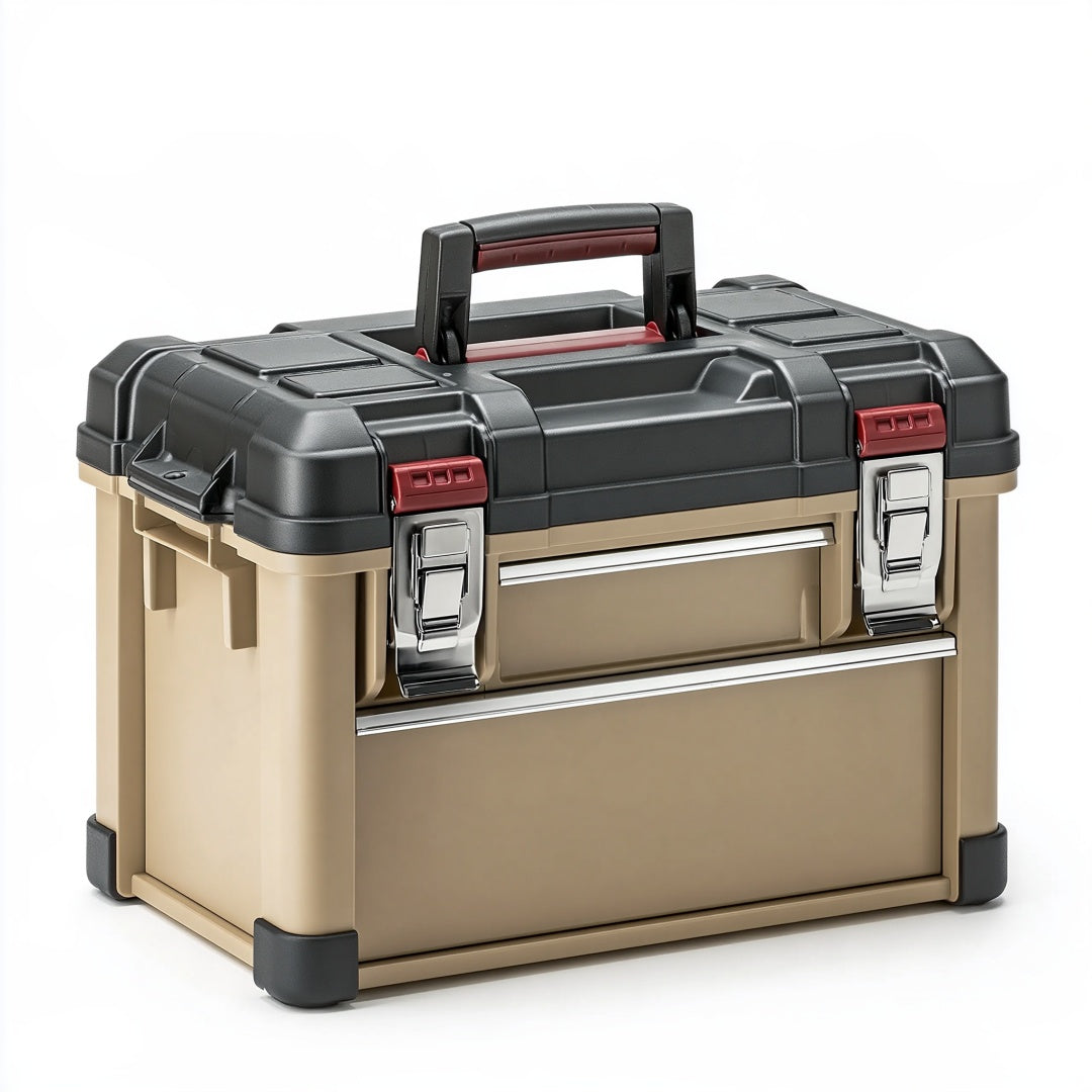Cassetta portautensili 50 x 30 x 30 cm in plastica nero/beige con chiusure metalliche e maniglia