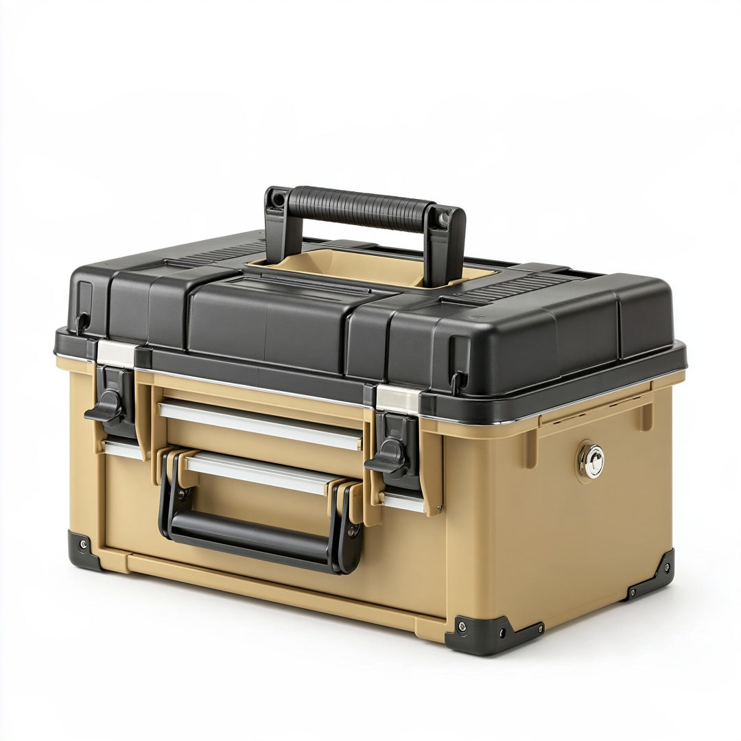 Cassetta portautensili 50 x 30 x 28 cm in plastica beige e nera con maniglie e chiusure