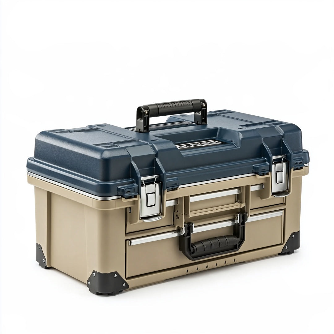 Cassetta portautensili 52 x 28 x 30 cm in plastica beige e blu con chiusure metalliche e vano portaoggetti